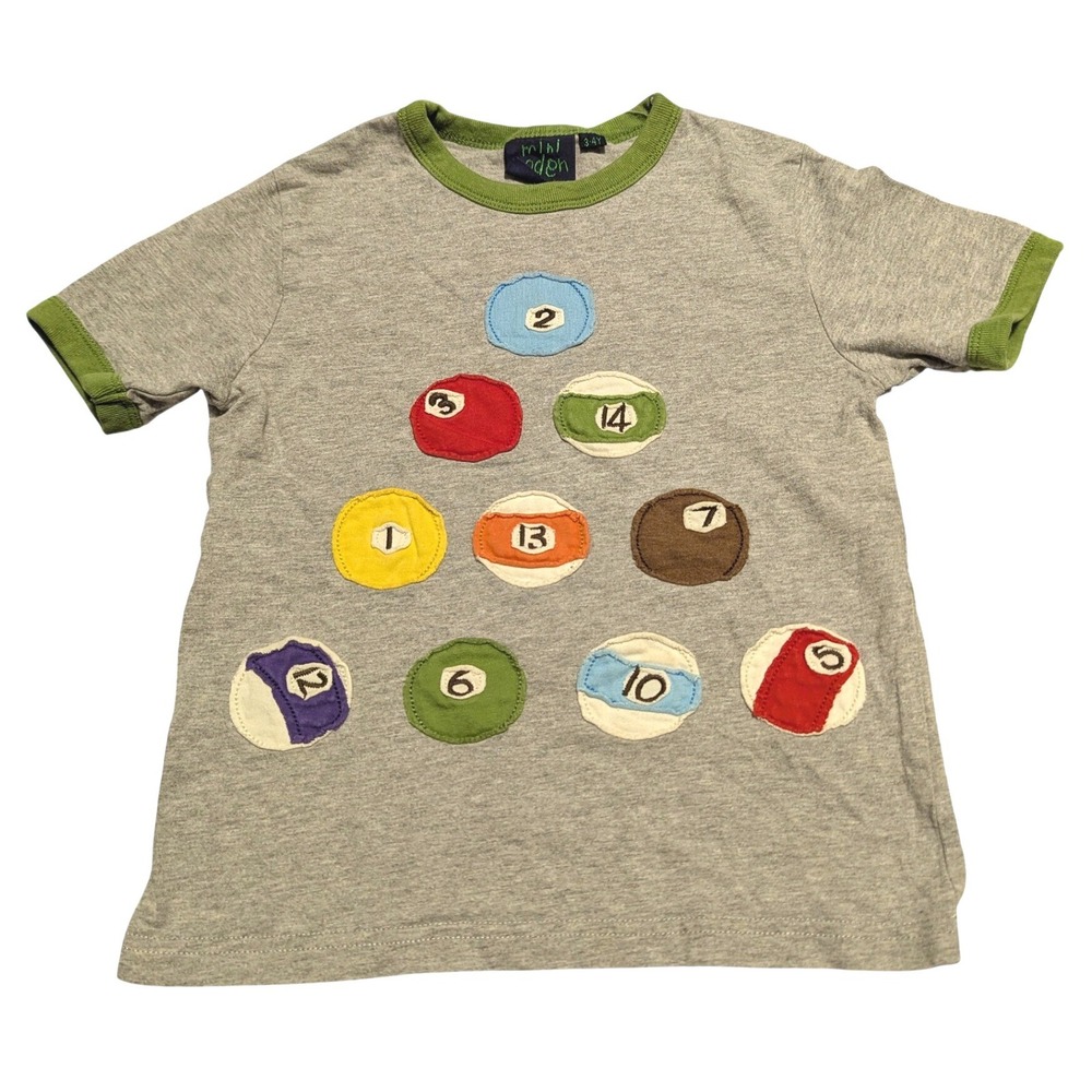 Mini Boden Boys Grey Ringer Tee Pool Ball Billiards Applique Shirt 3-4Y 21271